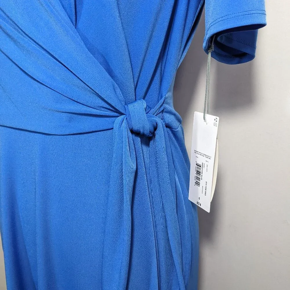$74 NWT Liz Claiborne Blue Tie Belt Faux Wrap Dress Short Sleeve Size 6